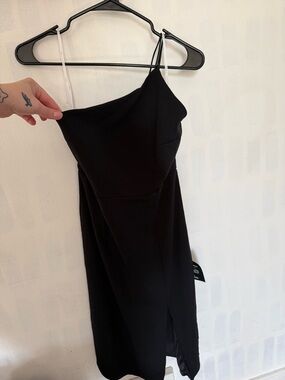Lulu's Black One-Shoulder Slip Dress with Thin Straps
